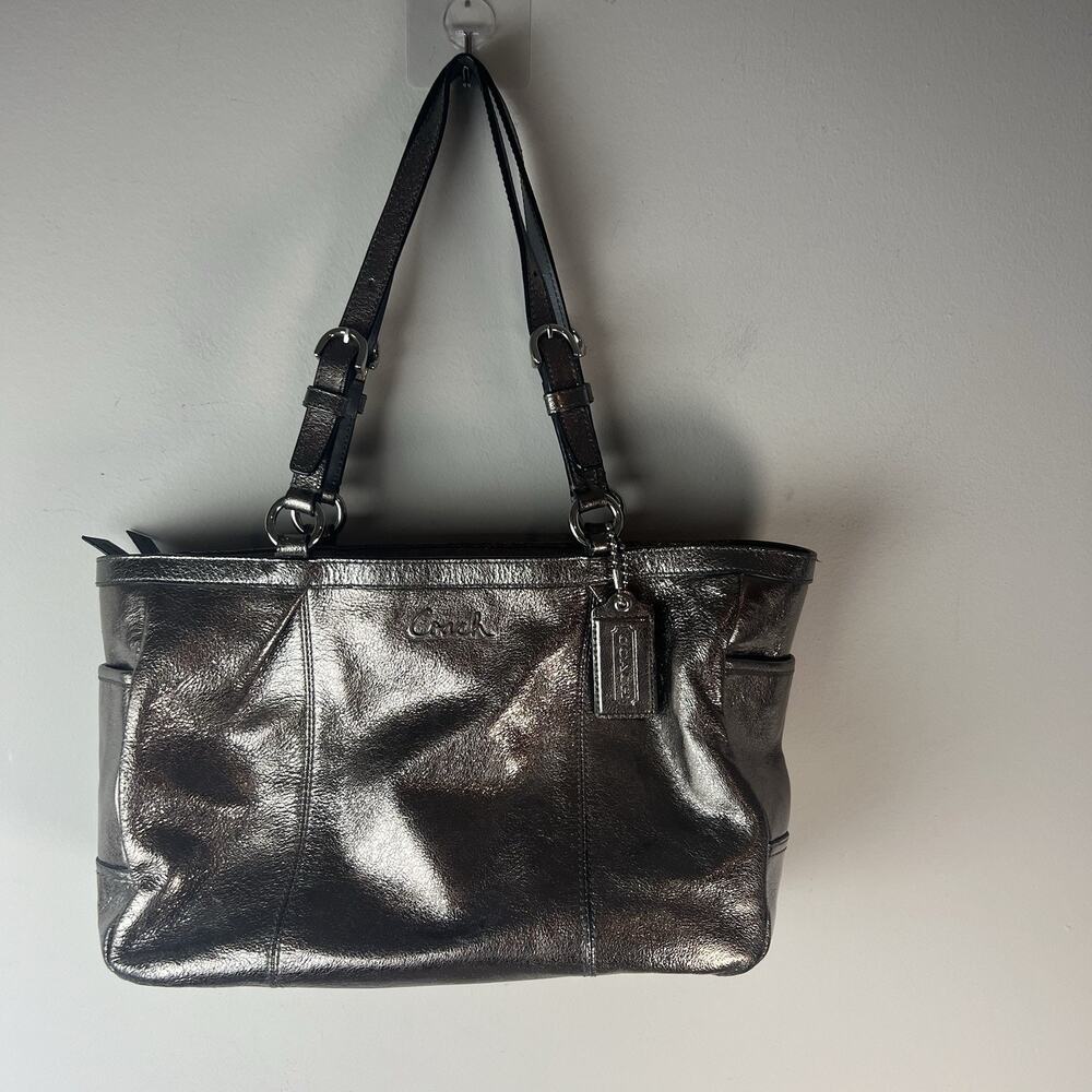 COACH-Soft Shimmery Silver Leather-Gallery East West Tote-Shoulder Bag #F17721